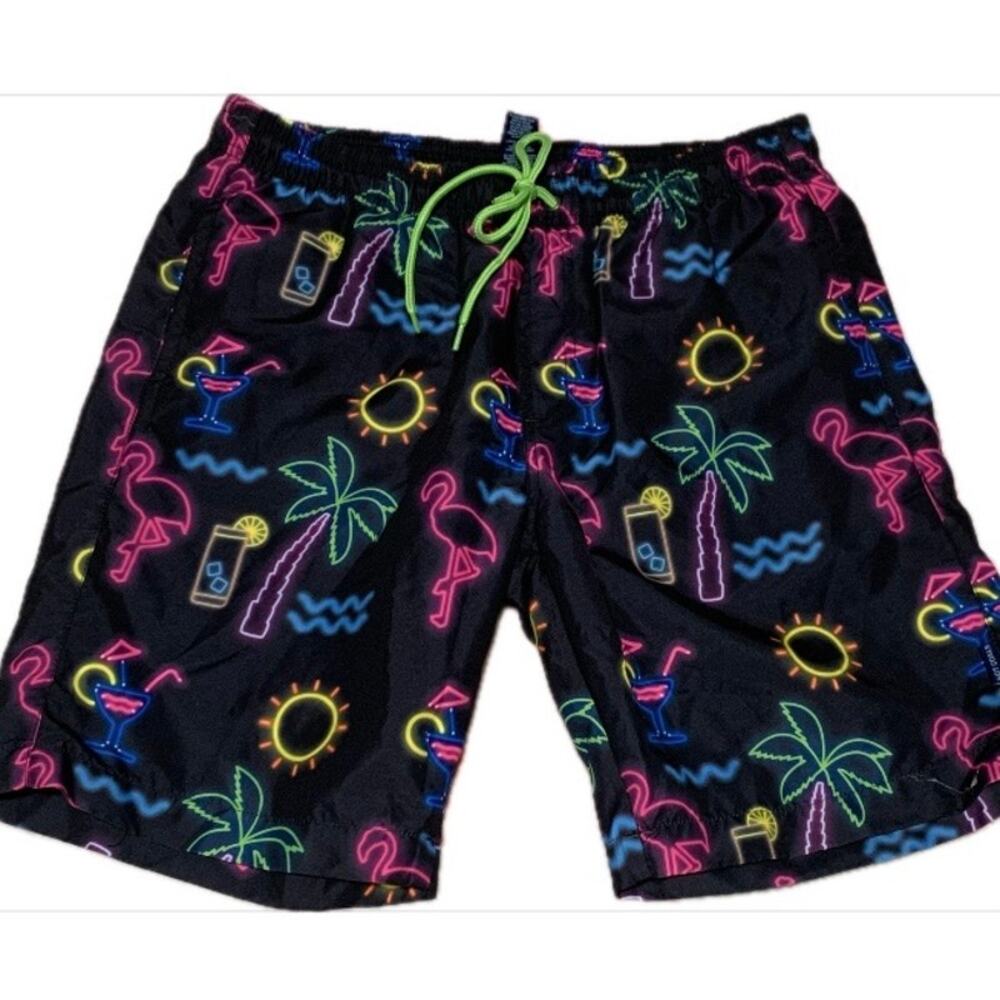 Hot Coals Swim Shorts Small Flamingo Palm Tree Sun black neon pink green drinks